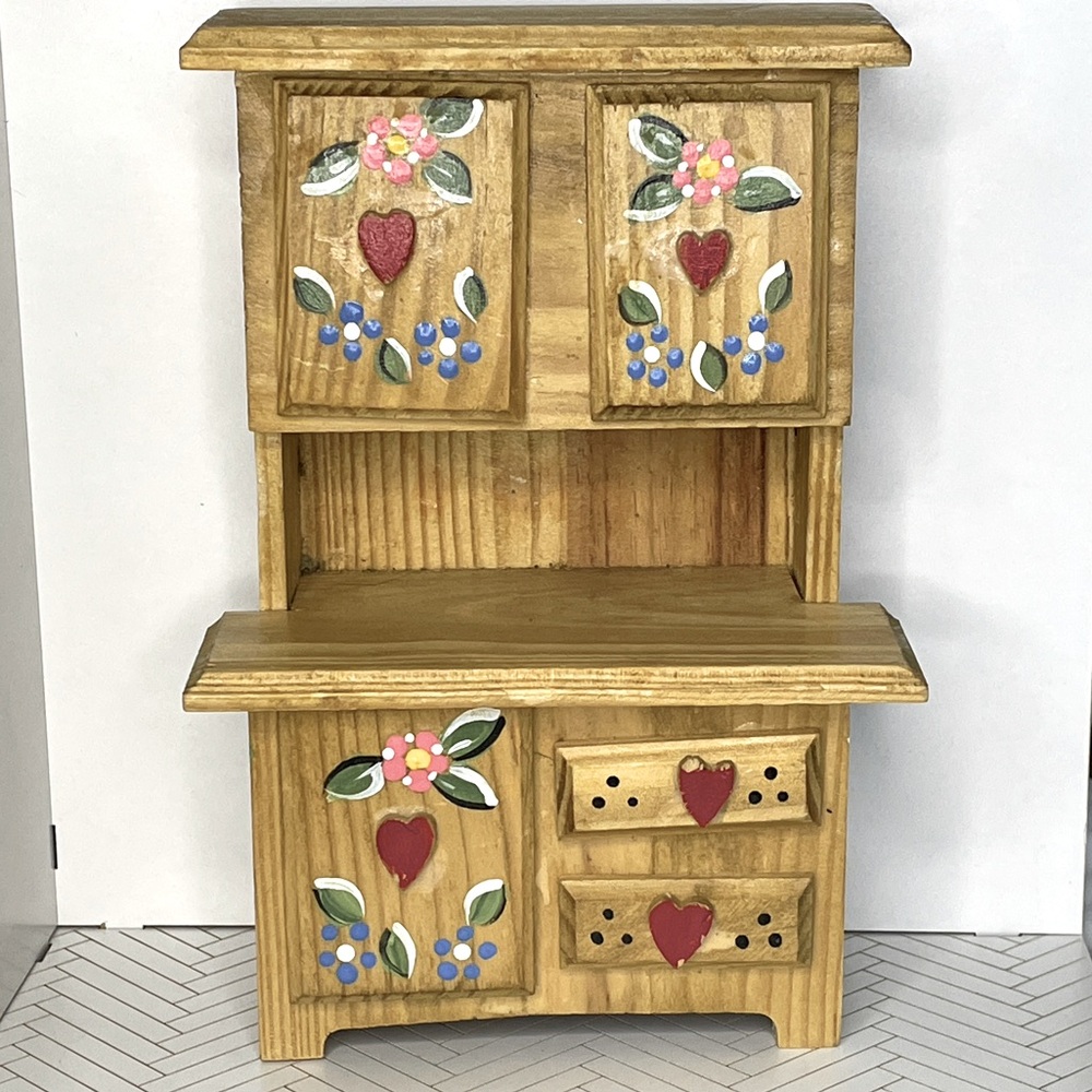 Vintage Miniature Wood Hutch Hand-painted flowers and hearts Dollhouse Kitchen